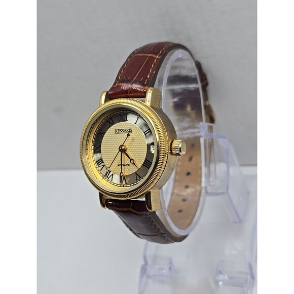Kessaris Automatic Gold Tone Roman Dial Date Leather 30 MM Exhibition Back Watch - Picture 2 of 14
